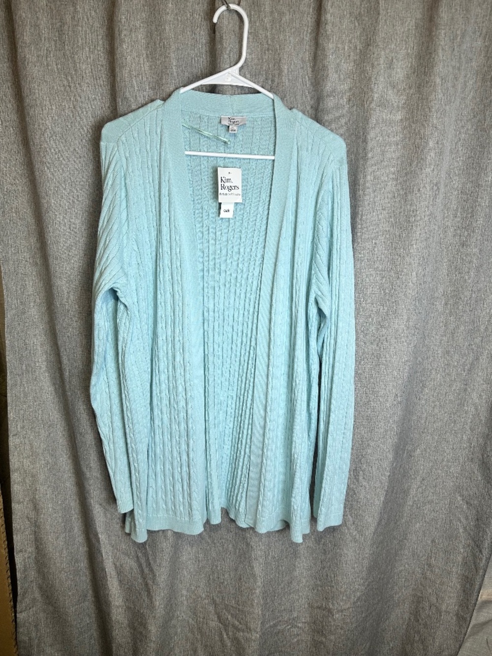 NWT Kim Rogers Cable Knit Open Front Cardigan Light Blue-Large